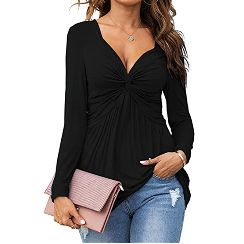 2023 European and American New Women's V-neck Front Knot Shirt Long Sleeve Elegant Casual T-shirt Solid Color Pullover Top