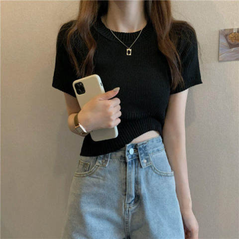 Ice Silk short-sleeved T-shirt for women spring/summer 2023 new casual inner knitted bottoming shirt fashionable western style small shirt top