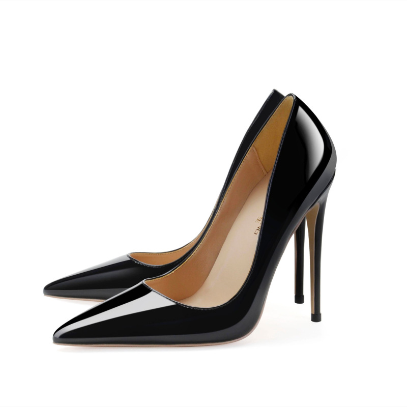 2021 new foreign trade women's shoes wholesale 12cm pointed stiletto heel high heels size code cross-border black patent leather shoes
