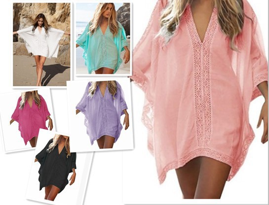AliExpress EBEY Amazon Patchwork Lace Sunscreen Beach Bikini Blouse Beach Dress plus size Swimsuit Cover