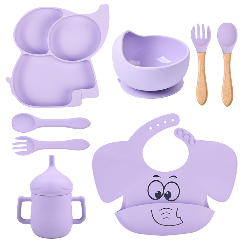 8-piece Children's silicone tableware set elephant silicone plate bowl bib Cup spoon Fork set silicone tableware
