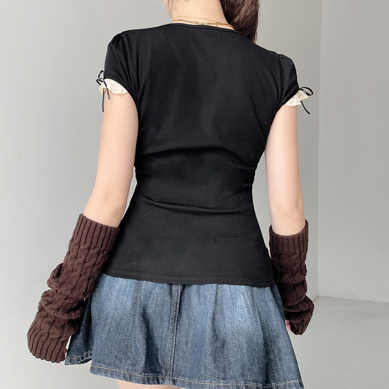 ins Amazon Women's Dress Contrast Lace Stitching Fake Two-piece Lace-up Top Sexy Low-cut Short-sleeved Pullover T-shirt