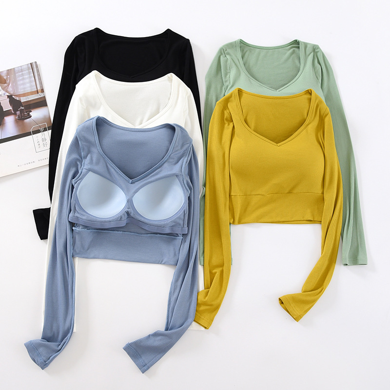 Navel-exposed Long-sleeved T-shirt Women's Bra with Chest Pad One-piece Navel-exposed V-neck Underwear High Waist Base Shirt Autumn New