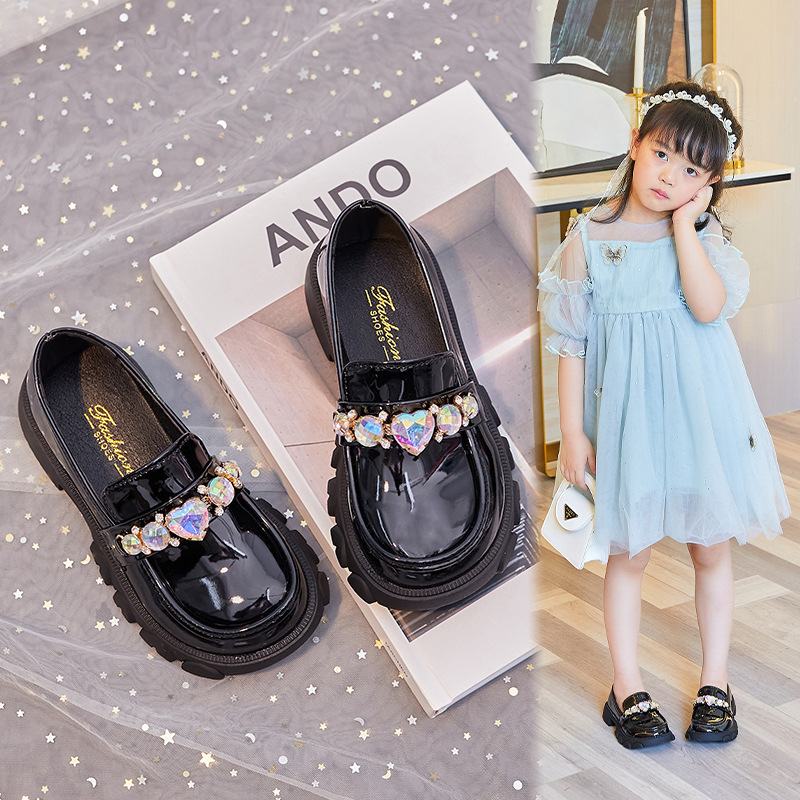 2023 Spring and Autumn New Women's Shoes Fashion Big Diamond Girls Leather Shoes Children's Princess Shoes Soft Sole Lolita Shoes