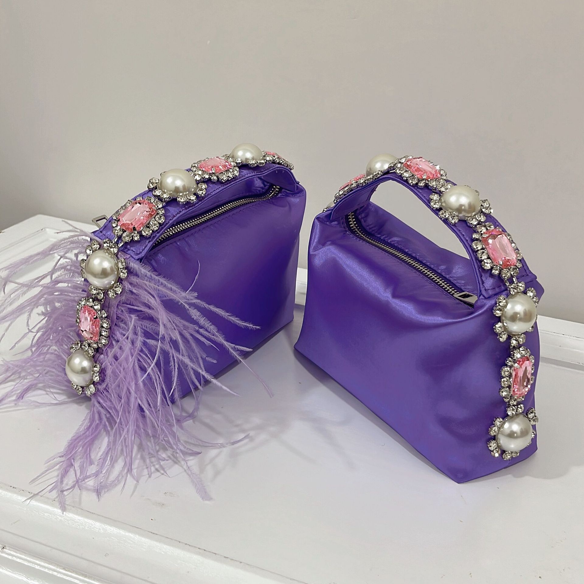 Red Riding Book Internet Celebrity Same Style Clutch Bag with Diamond and Pearl Satin Lunch Box Bag Summer Small Bag Evening Bag Handbag for Women