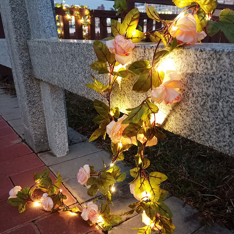 led燈串 戶外庭院裝飾玫瑰花藤條燈 新款彩燈串 太陽能玫瑰花燈串