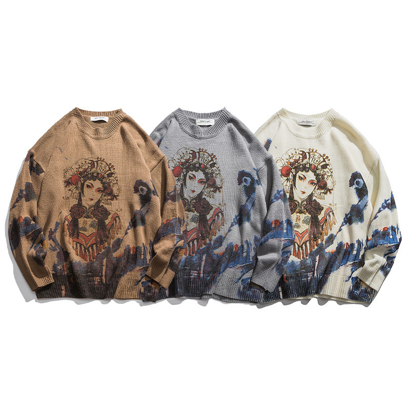 National Fashion Autumn and Winter Sweater Men's Fashion Brand ins All-match Fashion Korean Printed Pullover Round Neck Sweater Top for Couple