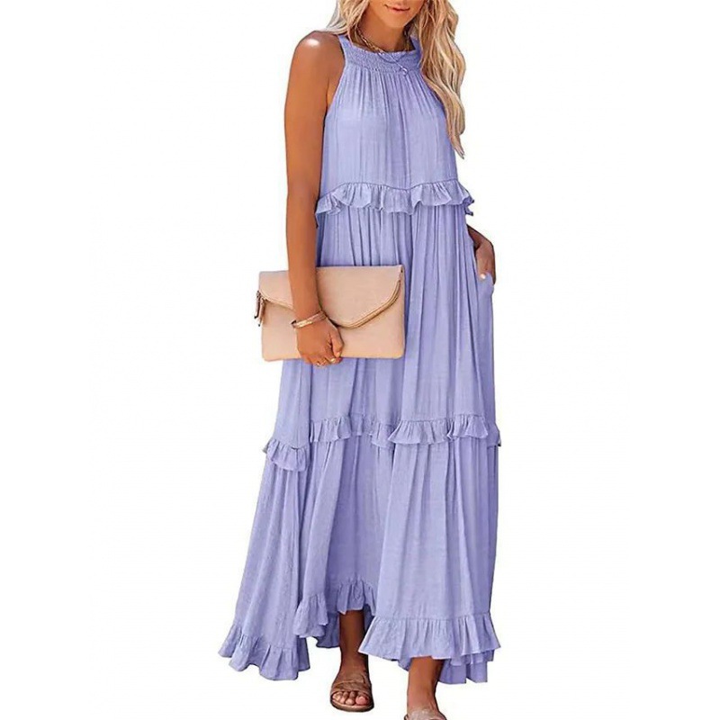 European and American 2023 Summer new holiday style ruffled long dress Amazon large swing elegant dress women