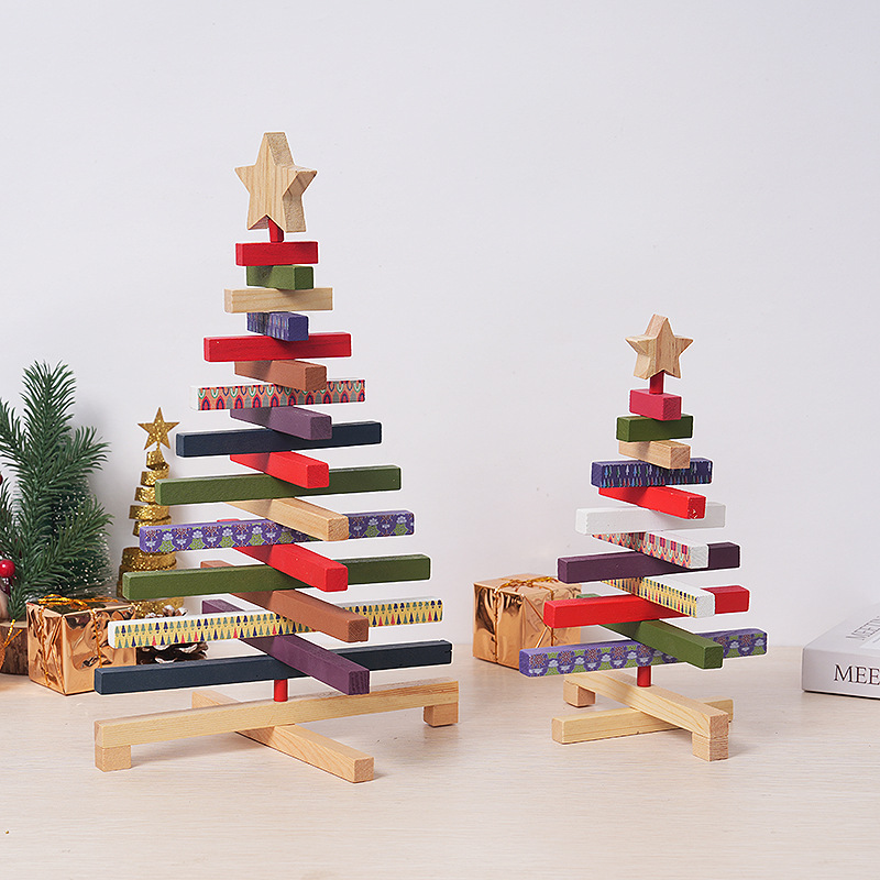 Cross-border new wooden rotating Christmas tree decoration window decoration home desktop decoration building blocks gift wholesale