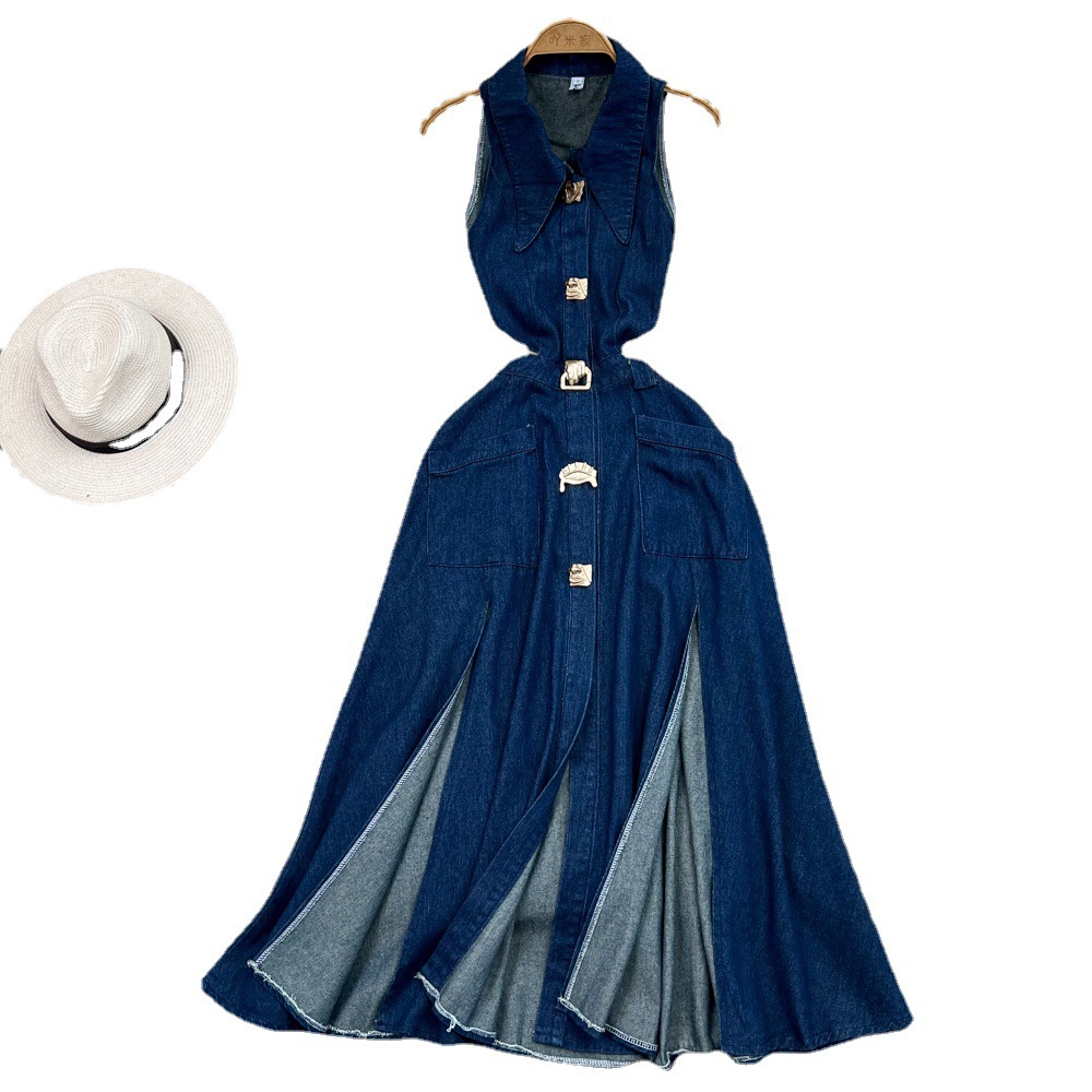 Retro lapel hollow-out waist slimming sleeveless single-breasted A- line split Denim dress casual dress