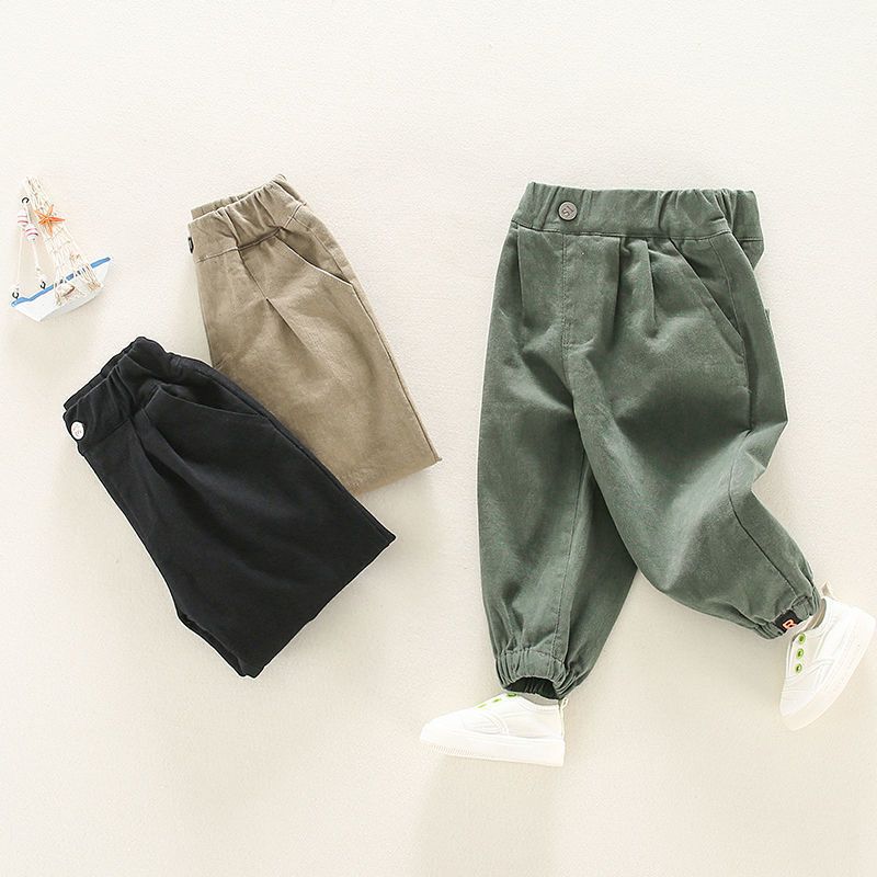 Boys' cotton casual pants 2024 spring and autumn children's western style all-match ankle-tied trousers baby Korean style solid color overalls