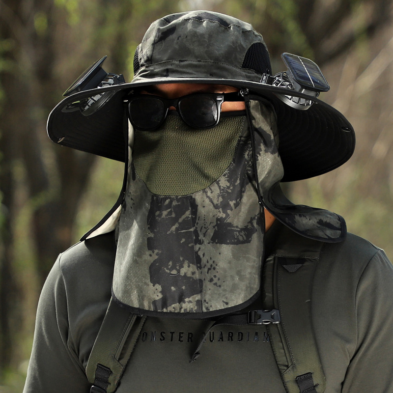 All-round sun protection big head circumference sun hat men's large size Fat Man big head fisherman hat summer double fan solar charging