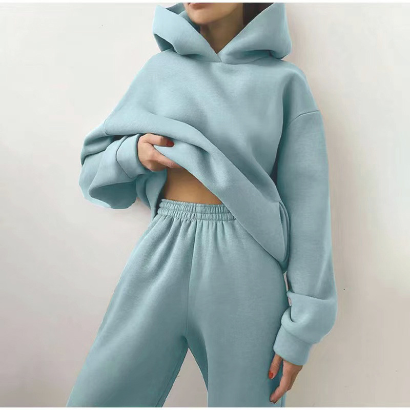European and American Autumn and Winter Loose Fleece-Lined Thickened Women's Suit Sports Leisure Fashion Solid Color Hooded Sweater Tut Pants Suit