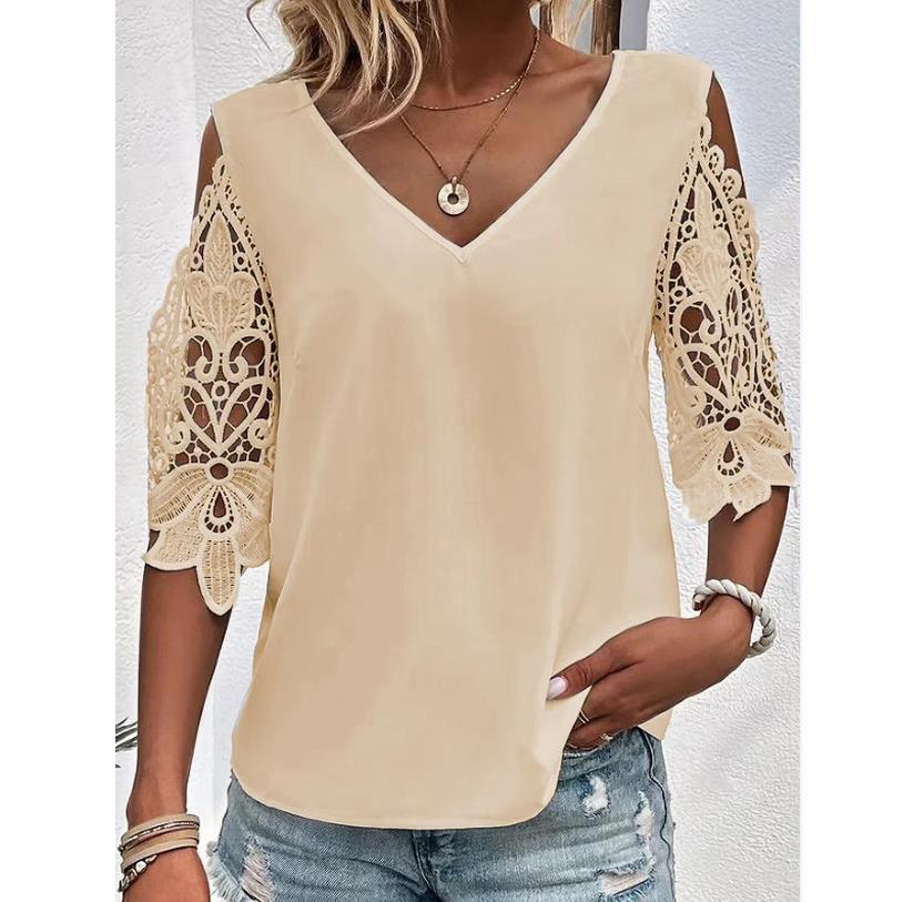 Spot cross-border Amazon Europe and the United States summer new casual sweet solid color V-neck lace half sleeve women's T-shirt