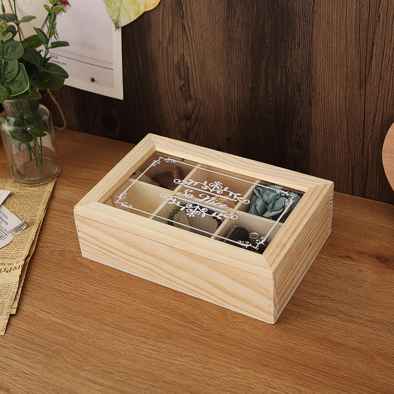 Wood solid wood six grid six grid 6 grid rectangular acrylic multi grid small wooden box desktop organizing storage box