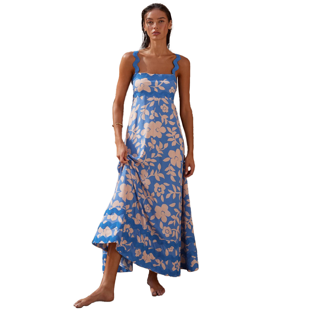 24 years foreign trade Southeast Asia new small floral wave strap skirt high-end temperament A- line dress-88166