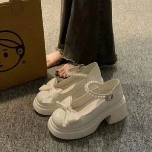 Mary Jane Small Leather Shoes Women's Thick Sole Increased 2023 Spring New Sweet Bow Shallow Mouth Single Shoes with Buckle