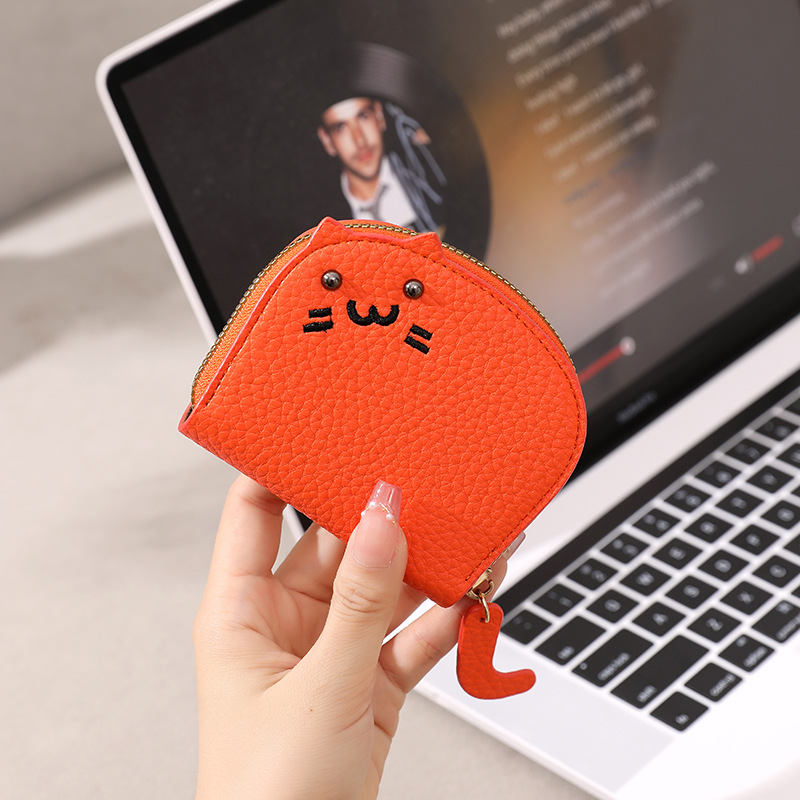 [in stock Wholesale] Card Bag Female 2024 New Litchi Pattern Cartoon Cat Embroidery Organ Card Bag PU Card Holder