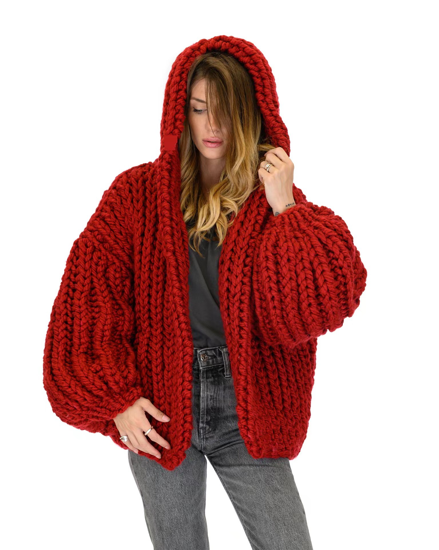 Grenzüberschreitender, lockerer, fauler Kapuzen-Strickpullover, handgefertigter Strickpullover für Damen_voghion.com