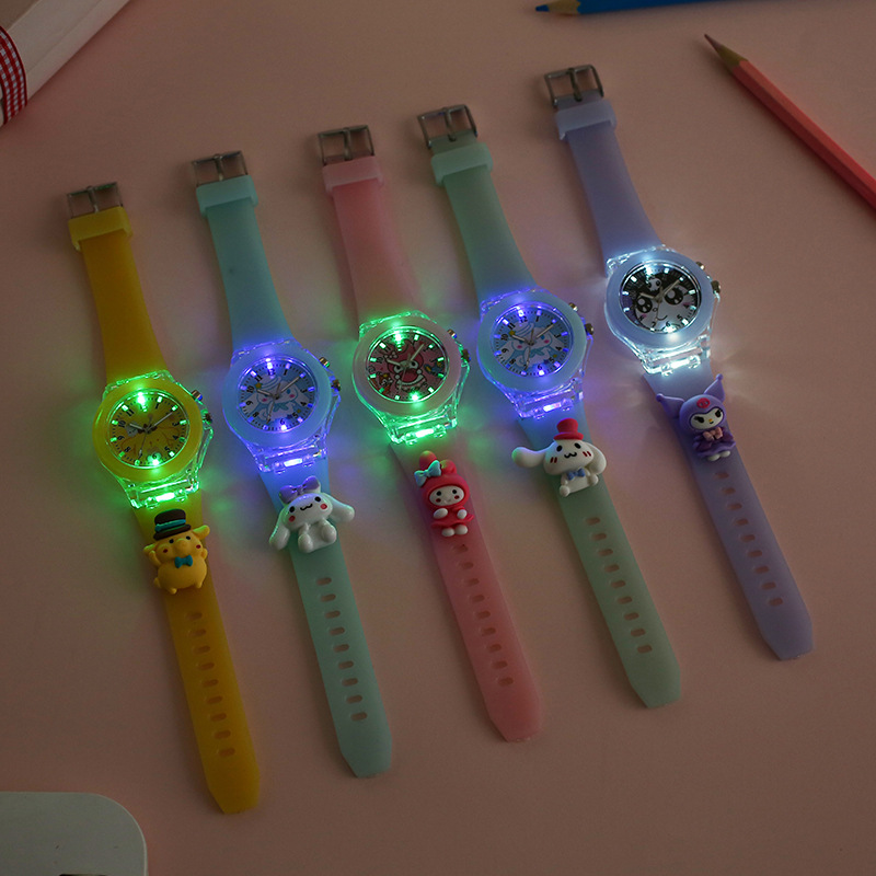 Sanrio Cartoon Children's Watch Children's Elementary School Colorful Luminous Luminous Silicone Strap Doll Electronic Watch