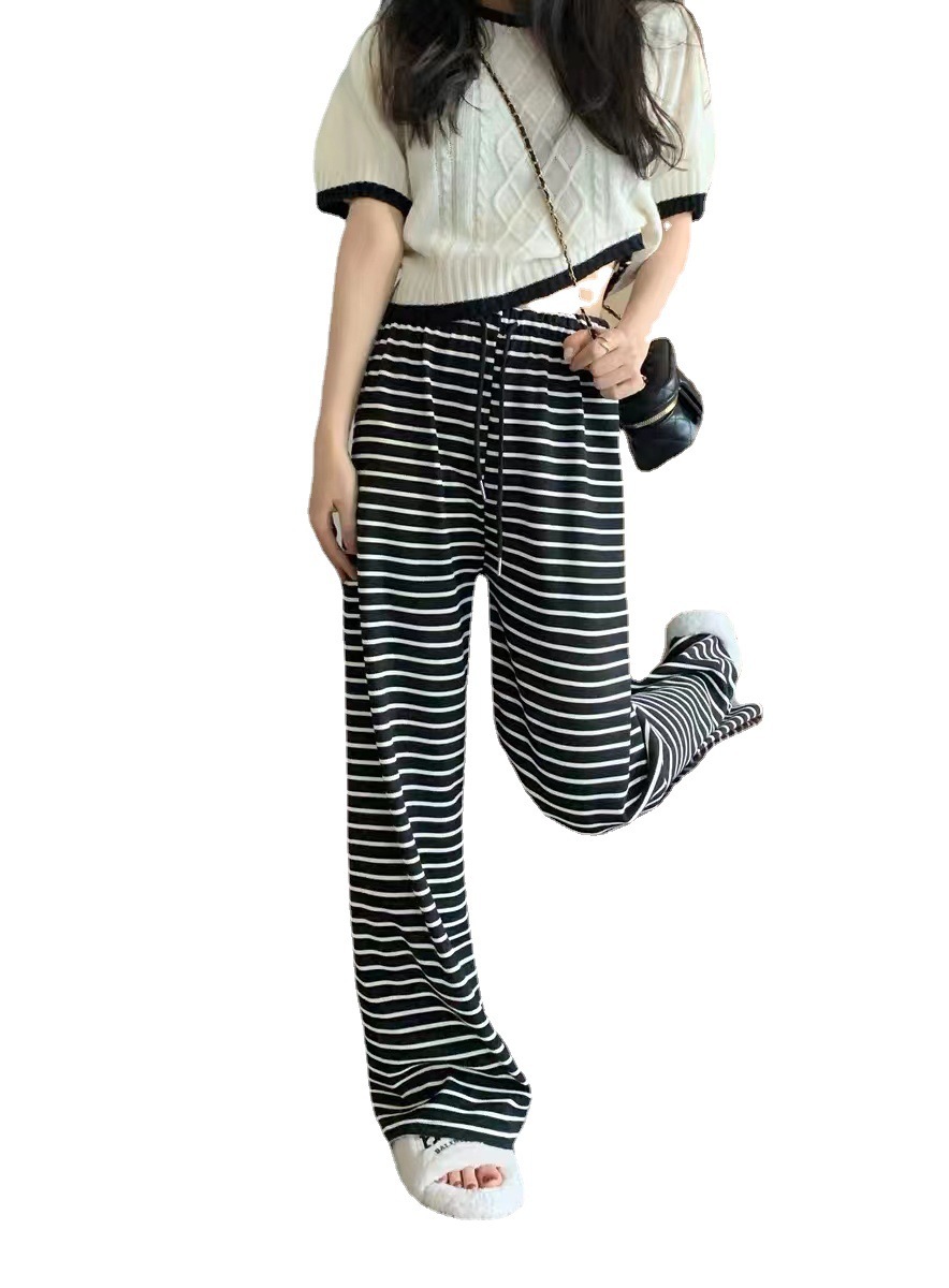 2023 Spring and Summer New Slimming Straight Wide-leg Pants High Waist Black and White Striped Casual Pants Women's Draping Long Pants