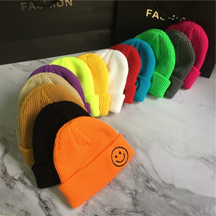 ins Same Style Candy Color Korean Style Internet Red Student Wool Hat Children's Autumn and Winter Embroidered Knitted Smiley Face Melon Hat