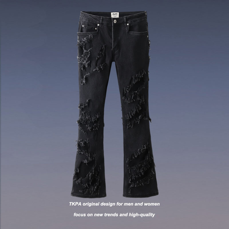 TKPA American high street dark RO style destruction splicing and flowing whiskers micro-flare trousers men's trendy retro jeans