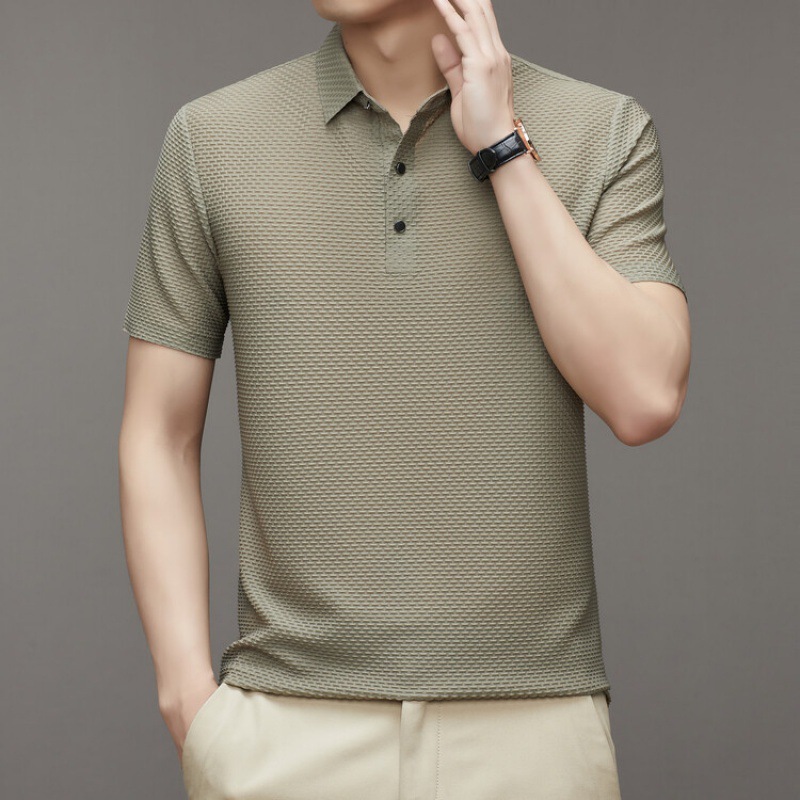 2023 Summer New Ice Silk Polo Shirt Men's Slim-fit Fashion Casual Breathable Thin Business Solid Color Short-sleeved Men's Trendy