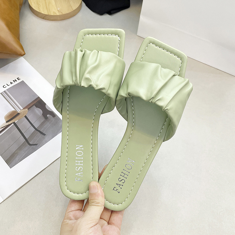 Flat Heel Slippers Women's New Summer 2020 Korean Style Outer Wear Fashionable Pleated Sandals Square Head Fairy Style Slippers