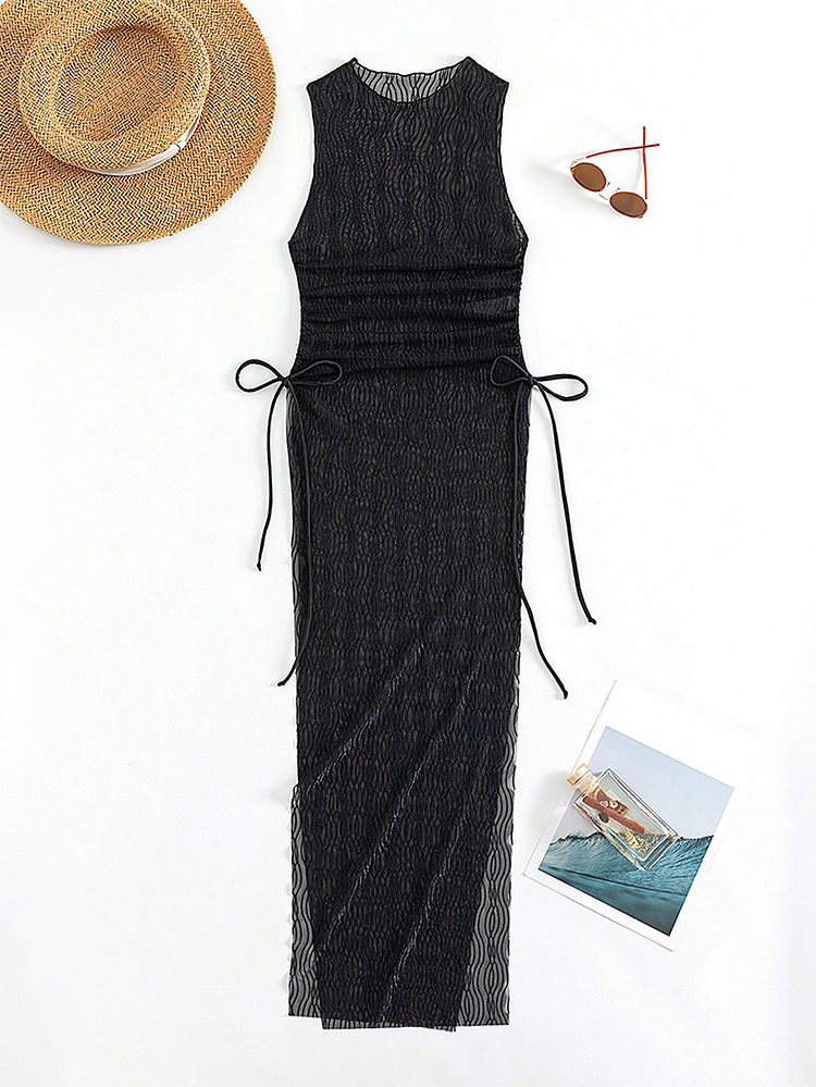 2024 Summer Cross-border Women's European and American New Sexy One-length High Split Sexy Transparent Mesh Beach Skirt Single Blouse