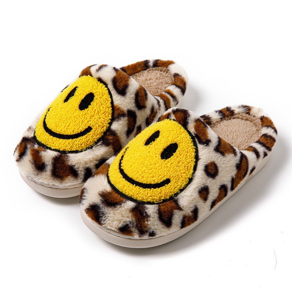 Leopard print smiley Korean cross-border wholesale cotton slippers for home use indoor thick bottom thickened non-slip warm Mao Mao slippers