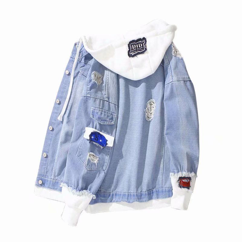 Spring and Autumn stitching fake two-piece Denim coat Korean style trendy casual all-match loose workwear hooded casual jacket