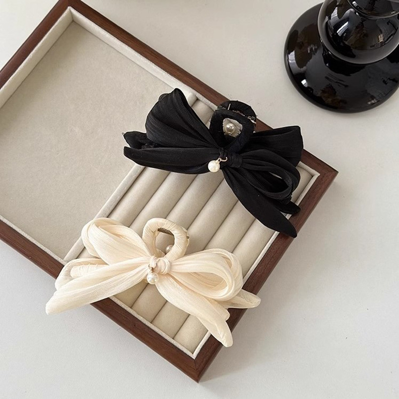 French elegant pearl bow clip female summer simple elegant high sense back head updo shark clip headdress