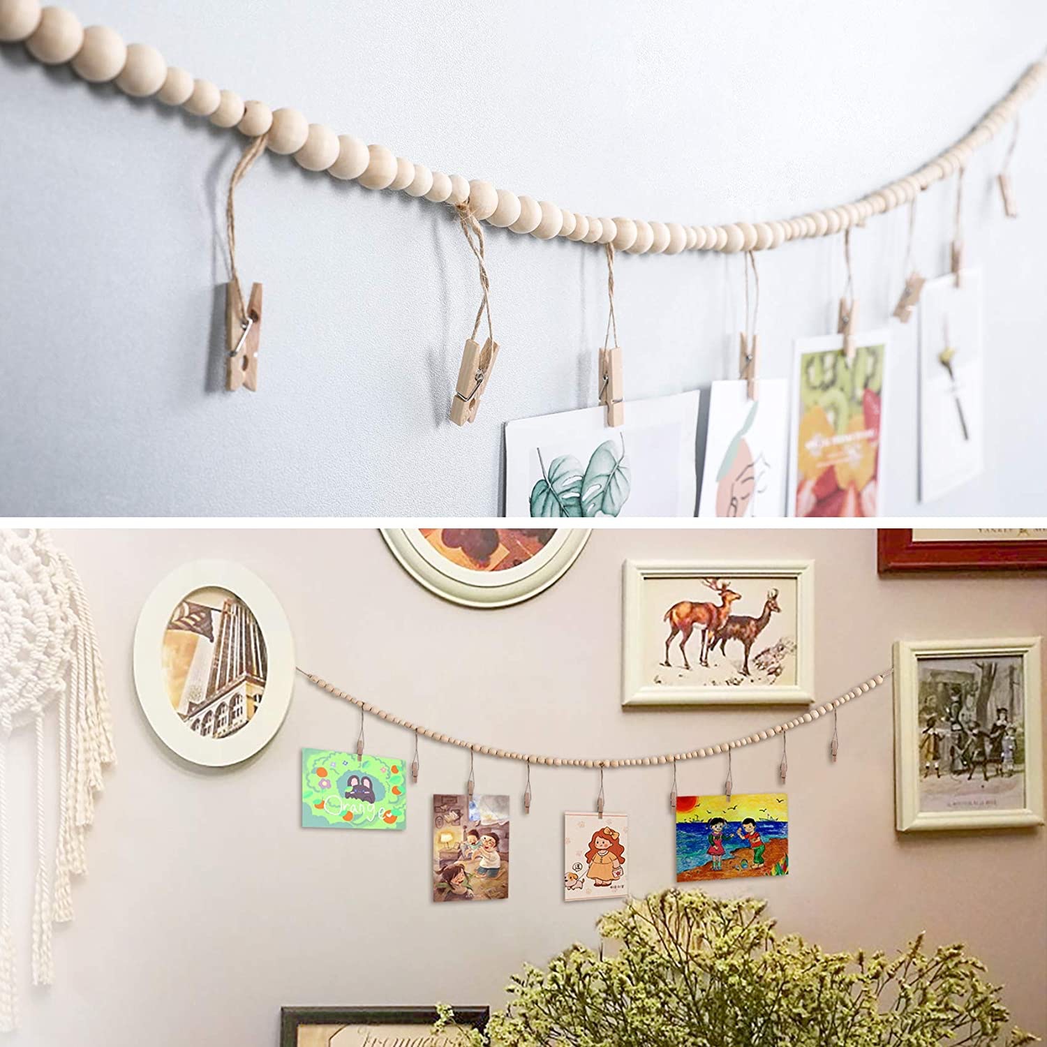 ins Simple Nordic Style Original Color Wooden Beads Photo Hairpin Finishing Storage Children's Room Photo Wall Decoration Hanging Decoration