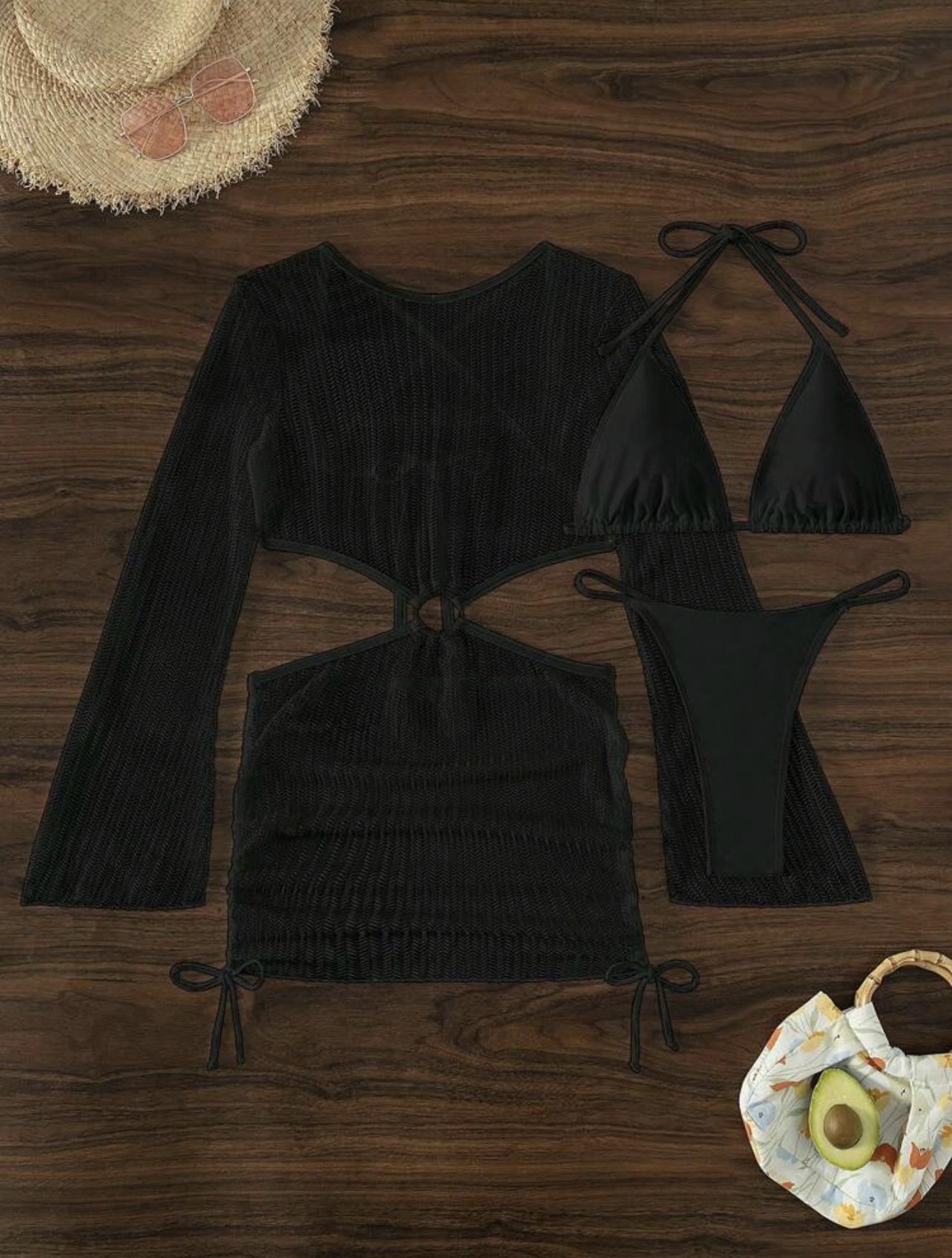 2024 Europe and the United States new special mesh hollow drawstring strap swimsuit swimsuit bikini three-piece cross-border foreign trade