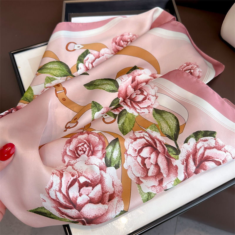 Pink rose printed scarf 70 artificial silk high-grade square scarf spring and summer thin scarf all-match scarf tie hair scarf for women