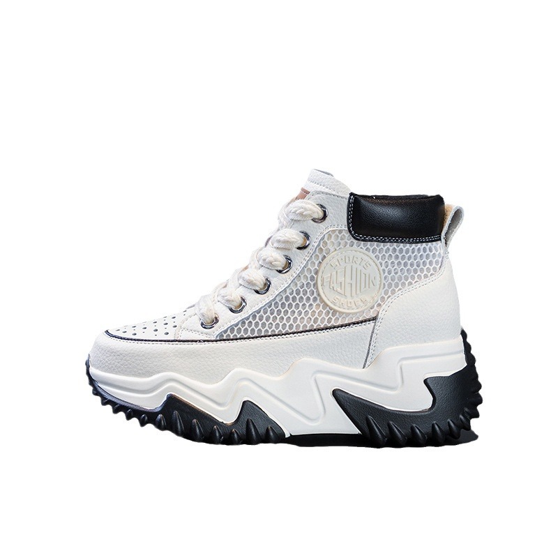 Local Explosions Sandals Women's Genuine Leather 2024 Summer New All-match Breathable Hollow-out Height Increasing High-top Casual White Shoes Trendy