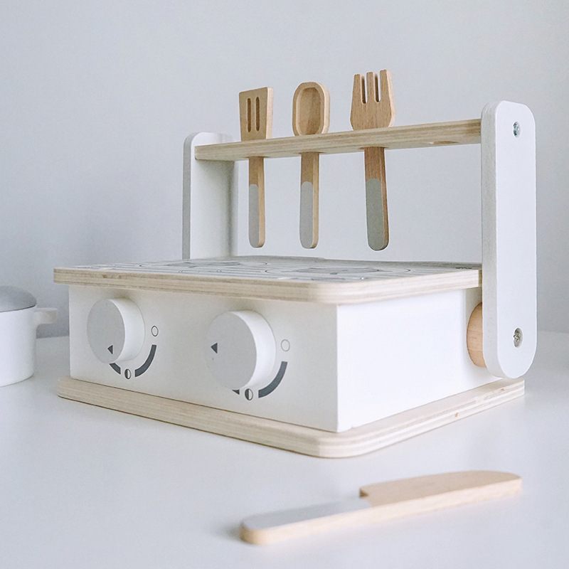 Children's Wooden Portable Mini Kitchen Gas Stove Toy Children's Cooking and Cooking Set Simulation Tableware
