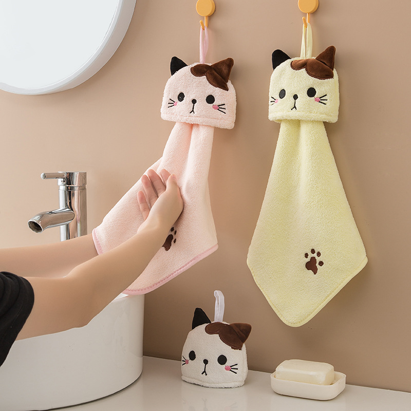Coral fleece pocket cat embroidered towel bathroom hanging absorbent towel kitchen bathroom dual-use square towel wholesale