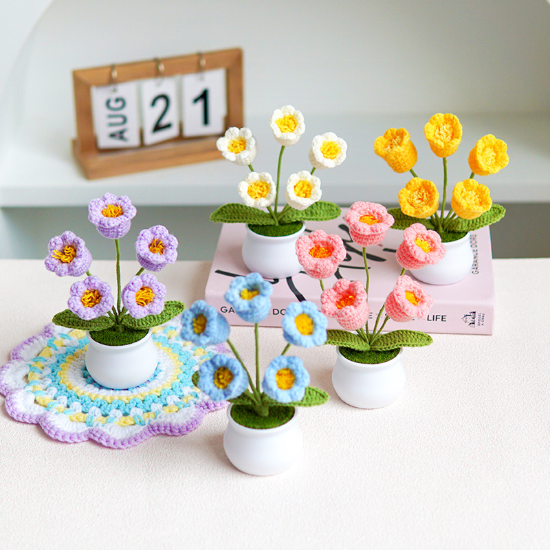 Finished hand-woven lily of the valley potted home ornaments knitted artificial flower wool crocheted bouquet fake flower gift