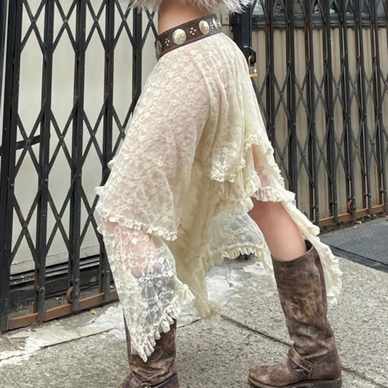 Amazon Cross-border American Retro Fashion Lace Irregular Skirt Solid Color Skirt Summer Thin Long Skirt