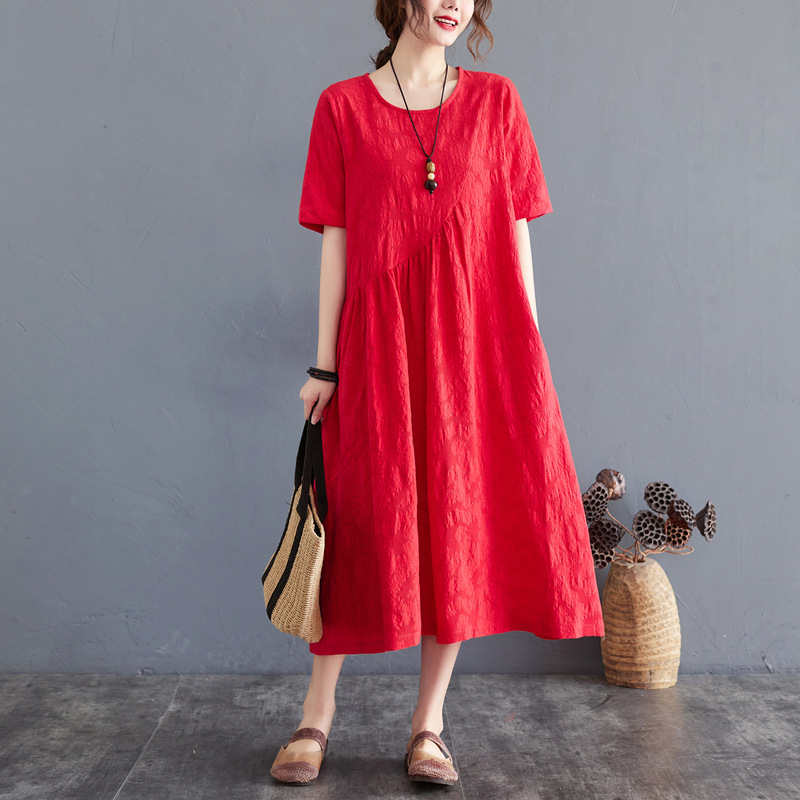 Fat MM real shot 2024 summer new loose simple jacquard irregular large size cotton and linen dress wholesale for women