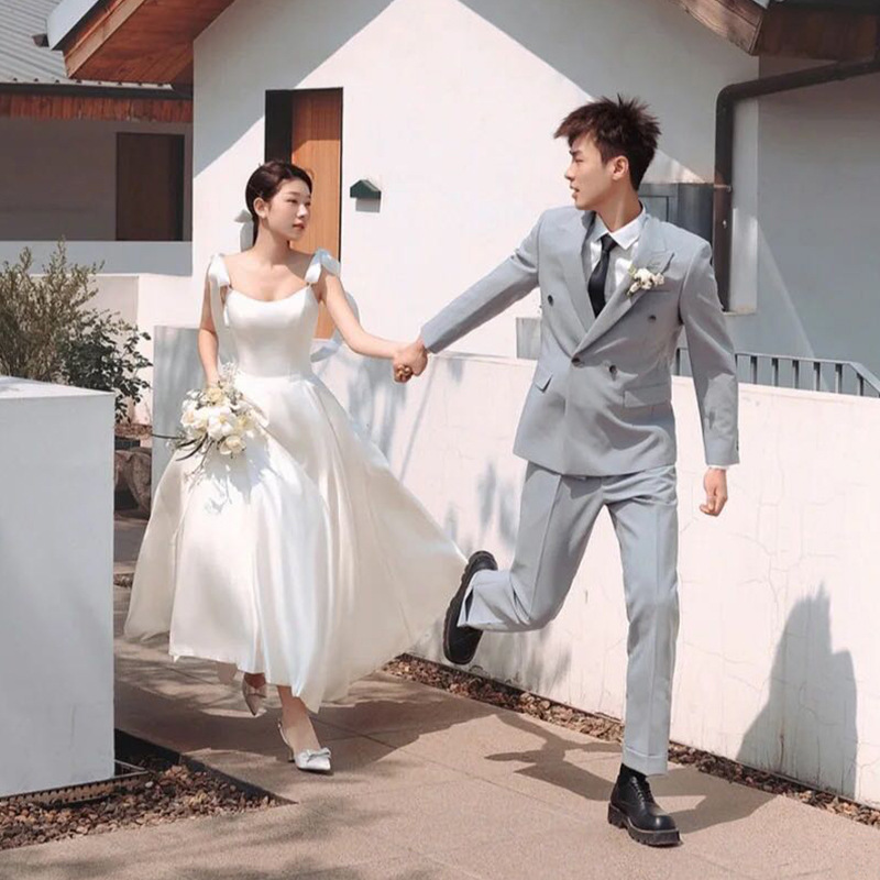 French-style light wedding dress sling niche high-grade bow outdoor travel photography engagement license small dress pettiskirt autumn