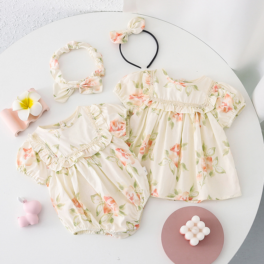 夏季韓版嬰兒衣服女寶寶哈衣爬爬服碎花裙子女童短袖連衣裙姐妹裝