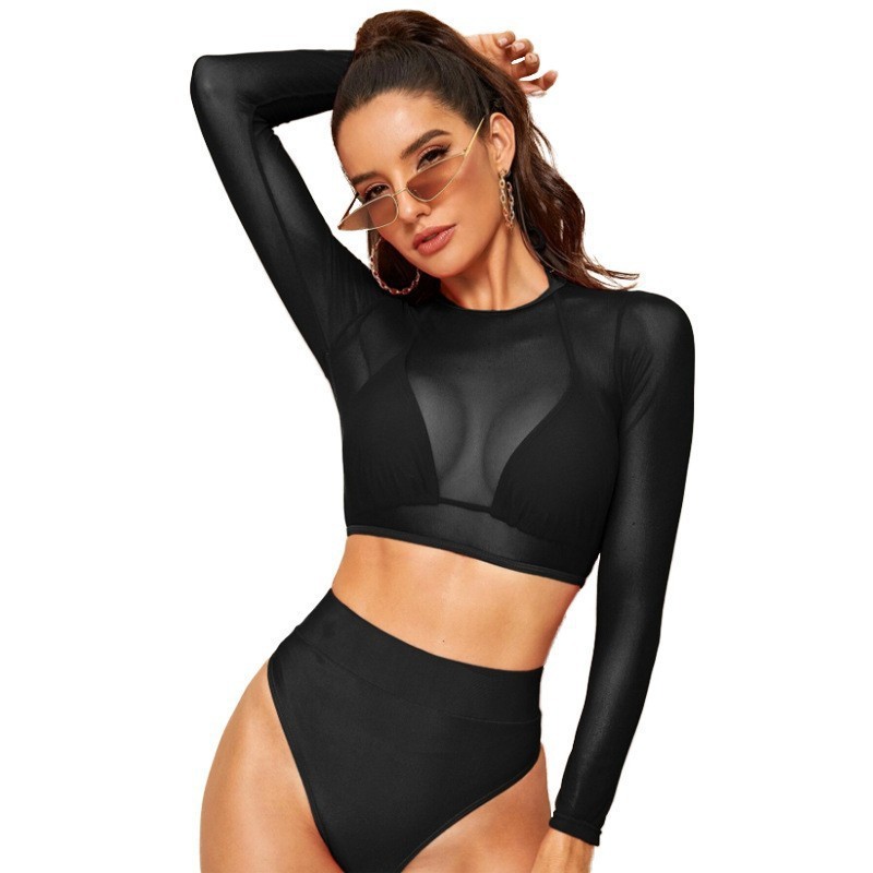 2022 new European and American sexy split swimsuit plus size three-piece mesh bikini swimsuit long sleeve BIJINI