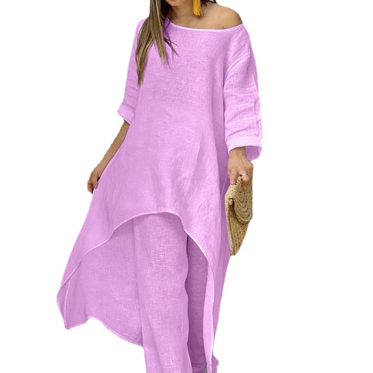 2024 European and American New Women's Cotton and Linen Fashion Casual plus size Irregular Long-sleeved suit Wide-leg Pants Two-piece Set