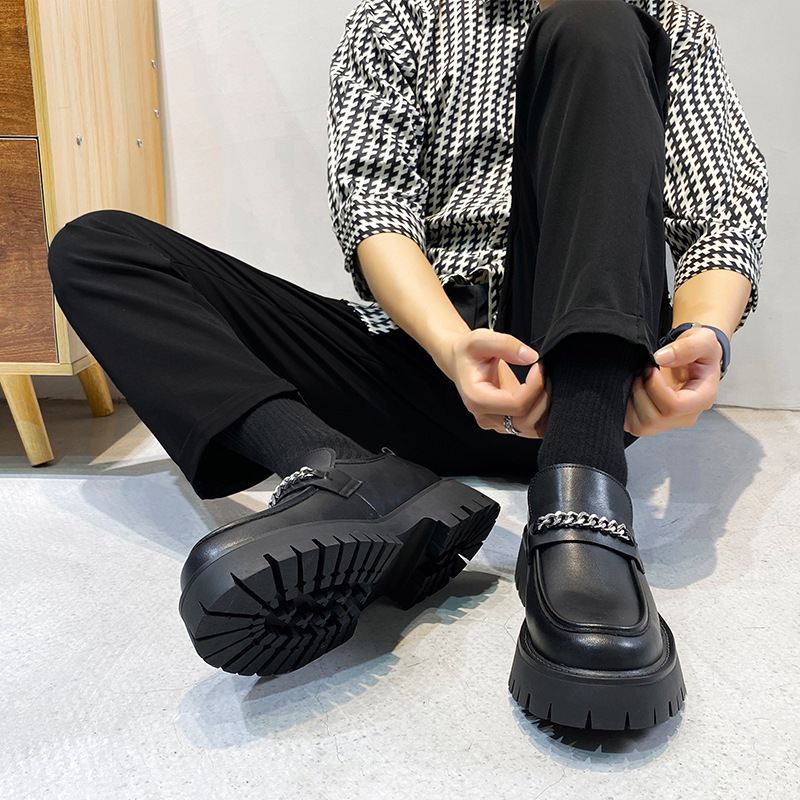 Lefu Ayakkabı Erkek 2021 Yeni Kalın Tabanlı Deri Ayakkabı İngiliz Tarzı Artırılmış Yuvarlak Burunlu Slip-on Lazy Ayakkabı 2137-T_voghion.com