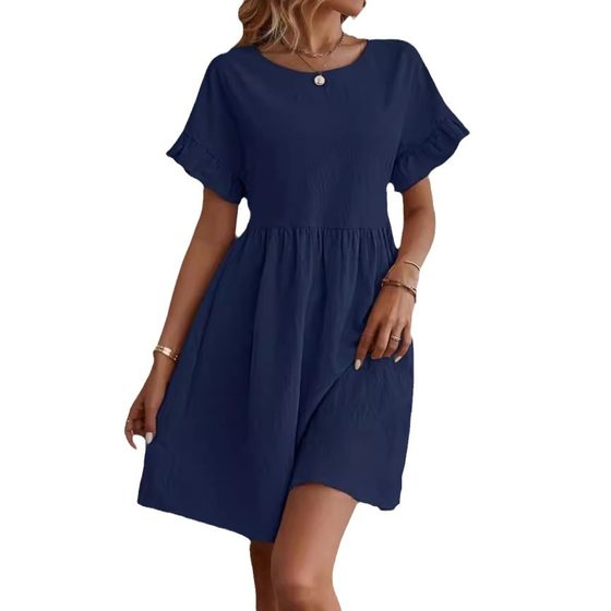 2024 Amazon European and American cross-border women's clothing foreign trade independent station New elegant round neck loose cotton and linen dress women