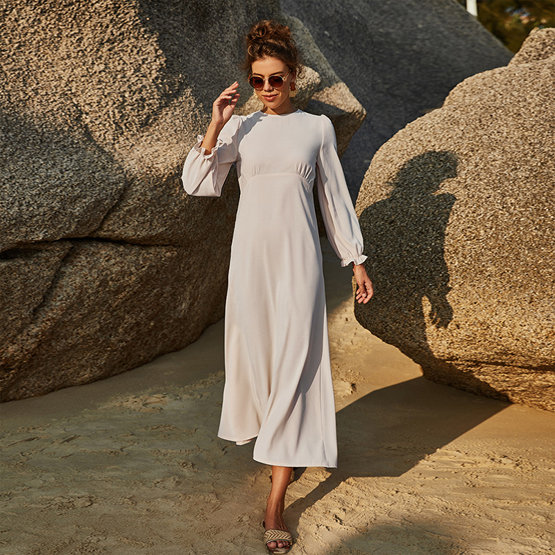 Spring and summer waist chiffon women's round neck solid color elastic sleeve large swing skirt long sleeve loose leisure ladies dress