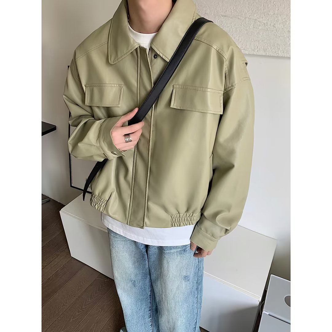 American retro motorcycle leather jacket men's autumn 2023 new design sense niche loose fashion brand PU leather jacket
